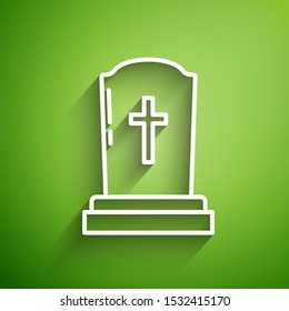 White line Tombstone with cross icon isolated on green background. Grave icon.  Vector Illustration