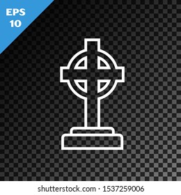 White line Tombstone with cross icon isolated on transparent dark background. Grave icon.  Vector Illustration