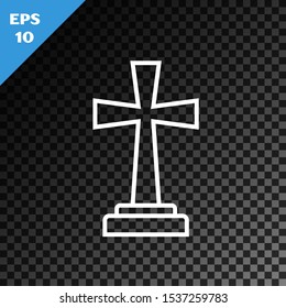 White line Tombstone with cross icon isolated on transparent dark background. Grave icon.  Vector Illustration