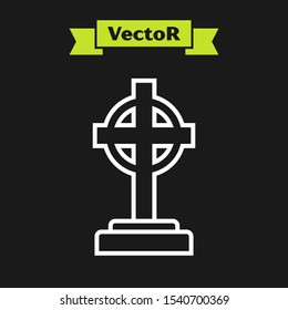 White line Tombstone with cross icon isolated on black background. Grave icon.  Vector Illustration