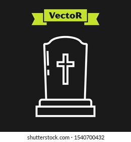 White line Tombstone with cross icon isolated on black background. Grave icon.  Vector Illustration