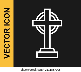 White line Tombstone with cross icon isolated on black background. Grave icon. Happy Halloween party.  Vector