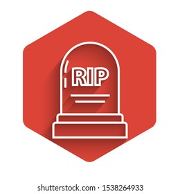 White line Tombstone with RIP written on it icon isolated with long shadow. Grave icon. Red hexagon button. Vector Illustration