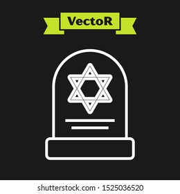 White line Tombstone with star of david icon isolated on black background. Jewish grave stone. Gravestone icon.  Vector Illustration