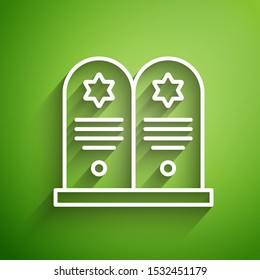 White line Tombstone with star of david icon isolated on green background. Jewish grave stone. Gravestone icon.  Vector Illustration