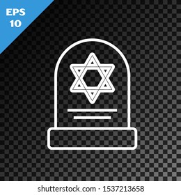 White line Tombstone with star of david icon isolated on transparent dark background. Jewish grave stone. Gravestone icon.  Vector Illustration