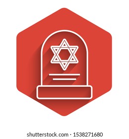 White line Tombstone with star of david icon isolated with long shadow. Jewish grave stone. Gravestone icon. Red hexagon button. Vector Illustration