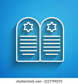 White Line Tombstone With Star Of David Icon Isolated On Blue Background. Jewish Grave Stone. Gravestone Icon. Long Shadow. Vector