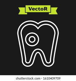 White line Tooth with caries icon isolated on black background. Tooth decay.  Vector Illustration