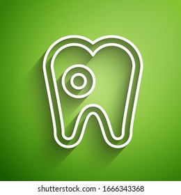 White line Tooth with caries icon isolated on green background. Tooth decay.  Vector Illustration