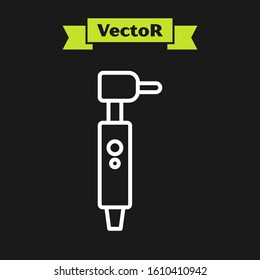 White line Tooth drill icon isolated on black background. Dental handpiece for drilling and grinding tools.  Vector Illustration