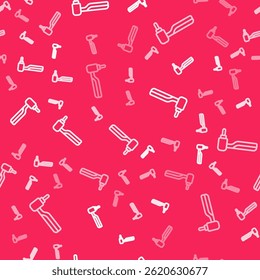 White line Tooth drill icon isolated seamless pattern on red background. Dental handpiece for drilling and grinding tools.  Vector