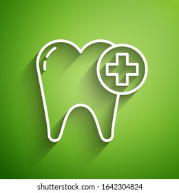 White line Tooth icon isolated on green background. Tooth symbol for dentistry clinic or dentist medical center and toothpaste package.  Vector Illustration