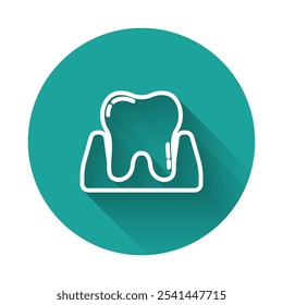 White line Tooth icon isolated with long shadow. Tooth symbol for dentistry clinic or dentist medical center and toothpaste package. Green circle button. Vector