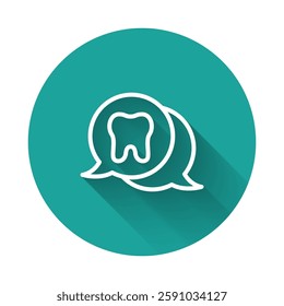 White line Tooth icon isolated with long shadow. Tooth symbol for dentistry clinic or dentist medical center and toothpaste package. Green circle button. Vector