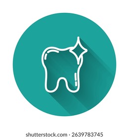 White line Tooth whitening concept icon isolated with long shadow. Tooth symbol for dentistry clinic or dentist medical center. Green circle button. Vector