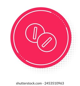 Icono de la tableta del analgésico del dolor de muelas de la línea blanca aislado sobre fondo blanco. Medicina para el cuidado dental. Cápsula, píldora y droga. Diseño de farmacia. Botón de círculo rojo. Vector