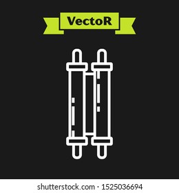 White line Torah scroll icon isolated on black background. Jewish Torah in expanded form. Star of David symbol. Old parchment scroll.  Vector Illustration
