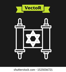 White line Torah scroll icon isolated on black background. Jewish Torah in expanded form. Star of David symbol. Old parchment scroll.  Vector Illustration