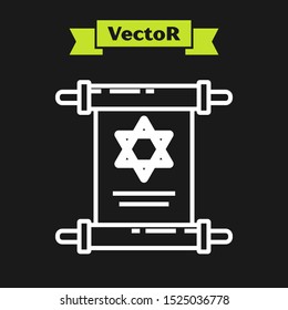 White line Torah scroll icon isolated on black background. Jewish Torah in expanded form. Star of David symbol. Old parchment scroll.  Vector Illustration