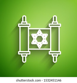 White line Torah scroll icon isolated on green background. Jewish Torah in expanded form. Star of David symbol. Old parchment scroll.  Vector Illustration