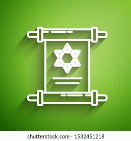 White line Torah scroll icon isolated on green background. Jewish Torah in expanded form. Star of David symbol. Old parchment scroll.  Vector Illustration