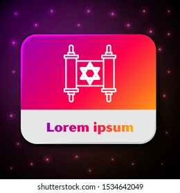 White line Torah scroll icon isolated on black background. Jewish Torah in expanded form. Star of David symbol. Old parchment scroll. Rectangle color button. Vector Illustration