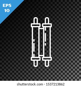 White line Torah scroll icon isolated on transparent dark background. Jewish Torah in expanded form. Star of David symbol. Old parchment scroll.  Vector Illustration