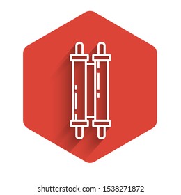 White line Torah scroll icon isolated with long shadow. Jewish Torah in expanded form. Star of David symbol. Old parchment scroll. Red hexagon button. Vector Illustration