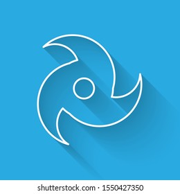 White line Tornado icon isolated with long shadow. Cyclone, whirlwind, storm funnel, hurricane wind or twister weather icon.  Vector Illustration