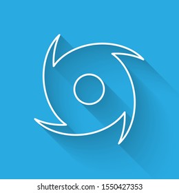 White line Tornado icon isolated with long shadow. Cyclone, whirlwind, storm funnel, hurricane wind or twister weather icon.  Vector Illustration