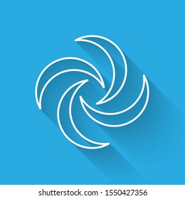 White line Tornado icon isolated with long shadow. Cyclone, whirlwind, storm funnel, hurricane wind or twister weather icon.  Vector Illustration