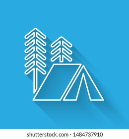 White line Tourist tent icon isolated with long shadow. Camping symbol.  Vector Illustration