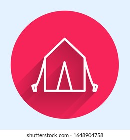 White line Tourist tent icon isolated with long shadow. Camping symbol. Red circle button. Vector Illustration