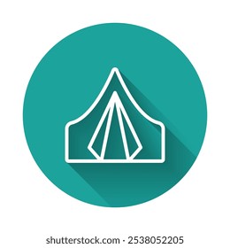 White line Tourist tent icon isolated with long shadow. Camping symbol. Green circle button. Vector Illustration