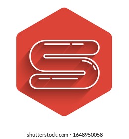 White line Towel icon isolated with long shadow. Red hexagon button. Vector Illustration