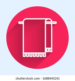 White line Towel on a hanger icon isolated with long shadow. Bathroom towel icon. Red circle button. Vector Illustration