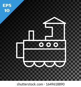 Icono del tren de juguetes de línea blanca aislado en fondo oscuro transparente.  Ilustración vectorial