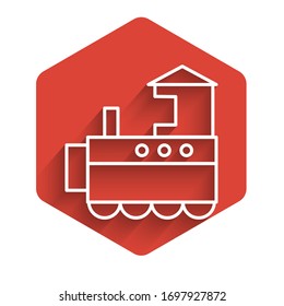 Spielzeugeisenbahnsymbol einzeln auf der Weißen Linie mit langem Schatten. Roter Hexagon-Knopf. Vektorillustration-Illustration