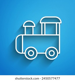White line Toy train icon isolated on blue background. Long shadow. Vector
