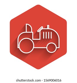 White line Tractor icon isolated with long shadow. Red hexagon button. Vector Illustration