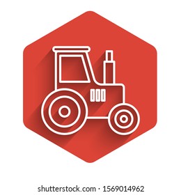 White line Tractor icon isolated with long shadow. Red hexagon button. Vector Illustration
