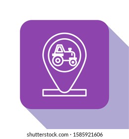 White line Tractor and location icon isolated on white background. Purple square button. Vector Illustration