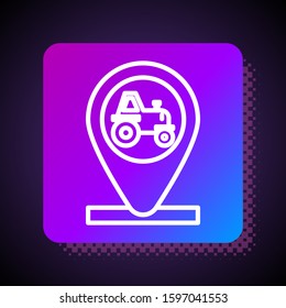 White line Tractor and location icon isolated on black background. Square color button. Vector Illustration