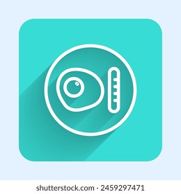 White line Traditional british breakfast, fried eggs with sausage icon isolated with long shadow. Green square button. Vector