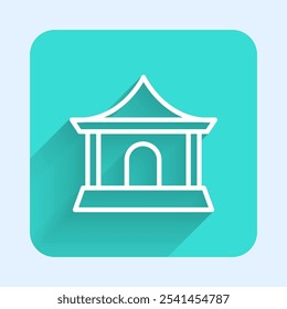 White line Traditional chinese house icon isolated with long shadow. Green square button. Vector