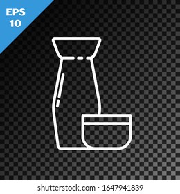 White line Traditional Japanese tea ceremony icon isolated on transparent dark background. Teapot with cup.  Vector Illustration