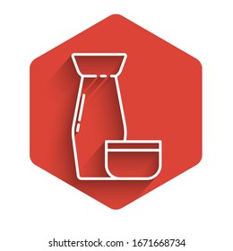 White line Traditional Japanese tea ceremony icon isolated with long shadow. Teapot with cup. Red hexagon button. Vector Illustration