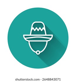 White line Traditional mexican sombrero hat icon isolated with long shadow background. Green circle button. Vector