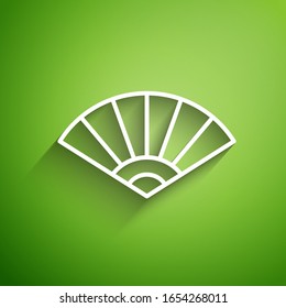 White line Traditional paper chinese or japanese folding fan icon isolated on green background.  Vector Illustration
